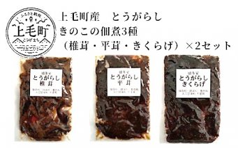 上毛町産　島とうがらしきのこの佃煮3種（椎茸・平茸・きくらげ）×2セット