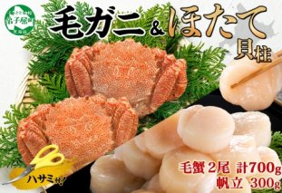 3419. 毛蟹 2尾 計700g前後 ホタテ 300g 専用ハサミ・食べ方ガイド付き 毛ガニ 毛がに 蟹 カニ カニ味噌 ほたて 帆立 貝柱 海鮮 ボイル 北海道 弟子屈町