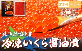 【定期便】全3回（毎月）＜網走産＞冷凍いくら醤油漬 500g  ABE015
